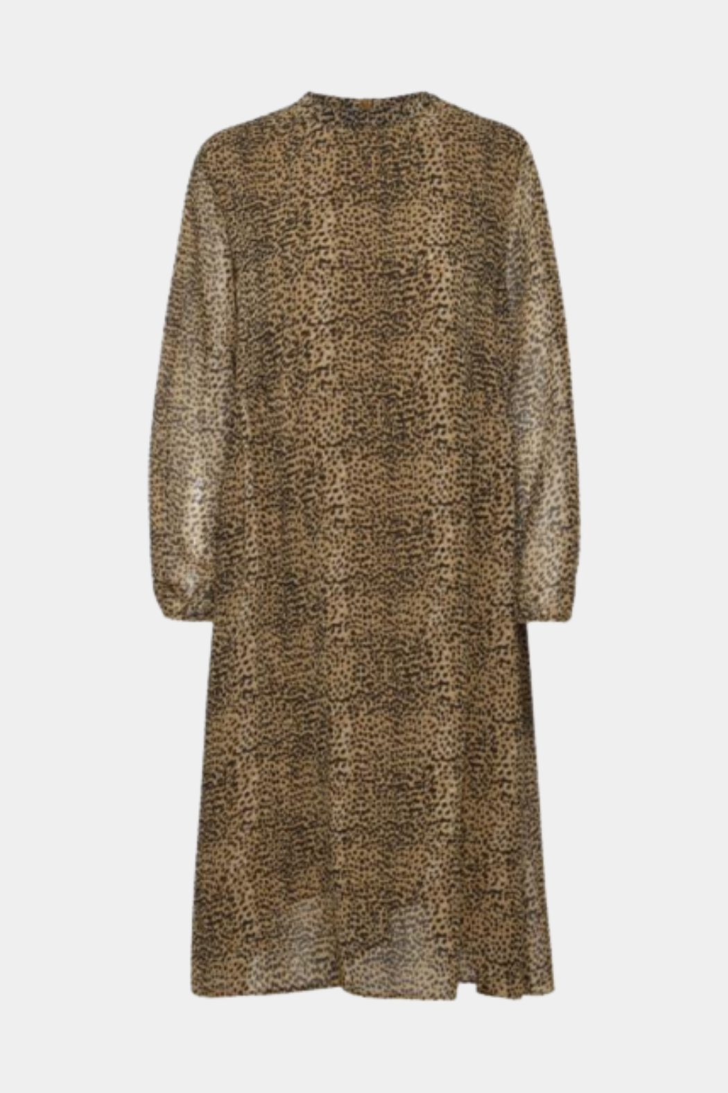 kjole, dress, midi, knælang, løs, loose, langærmet, transparent, gennemsigtig, let, leopard, leo, print, dyreprint, animal, elegant, fin, feminin, hverdag, fest, woman, kvinde, dame