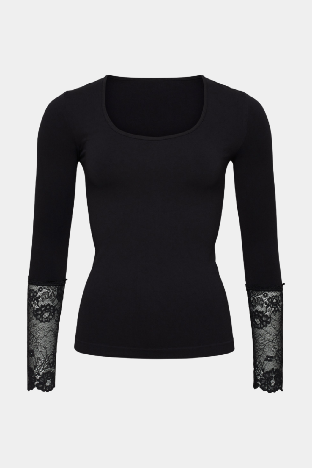 bluse, blouse, langærmet, long sleeve, blonde, lave, rund hals, tætsiddende, stram, microfiber, blød, soft, åndbar, farveægte, allergivenlig, tight, hverdag, fin, fest, elegant, feminin, woman, dame, kvinde, sort, black