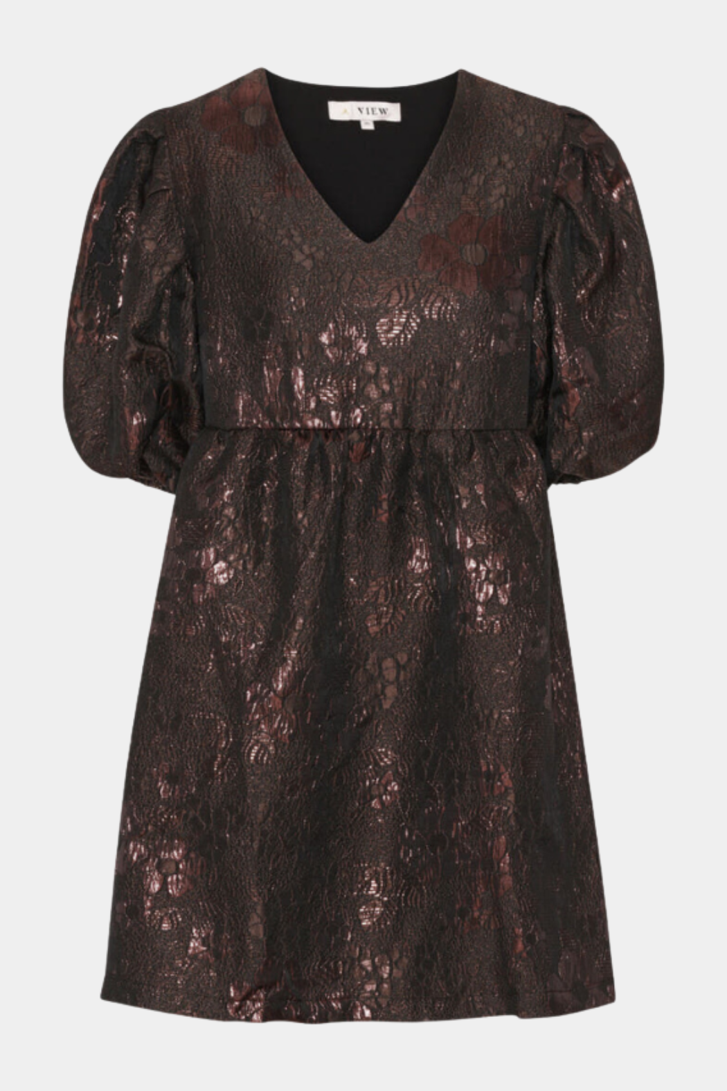 kjole, dress, midi, mellemlang, jacquard, blomster, flower, præget, pufærme, ballonærme, elastik, skæring, volume, voluminøs, elegant, fin, feminin, fest, hverdag, kvinde, dame, woman
