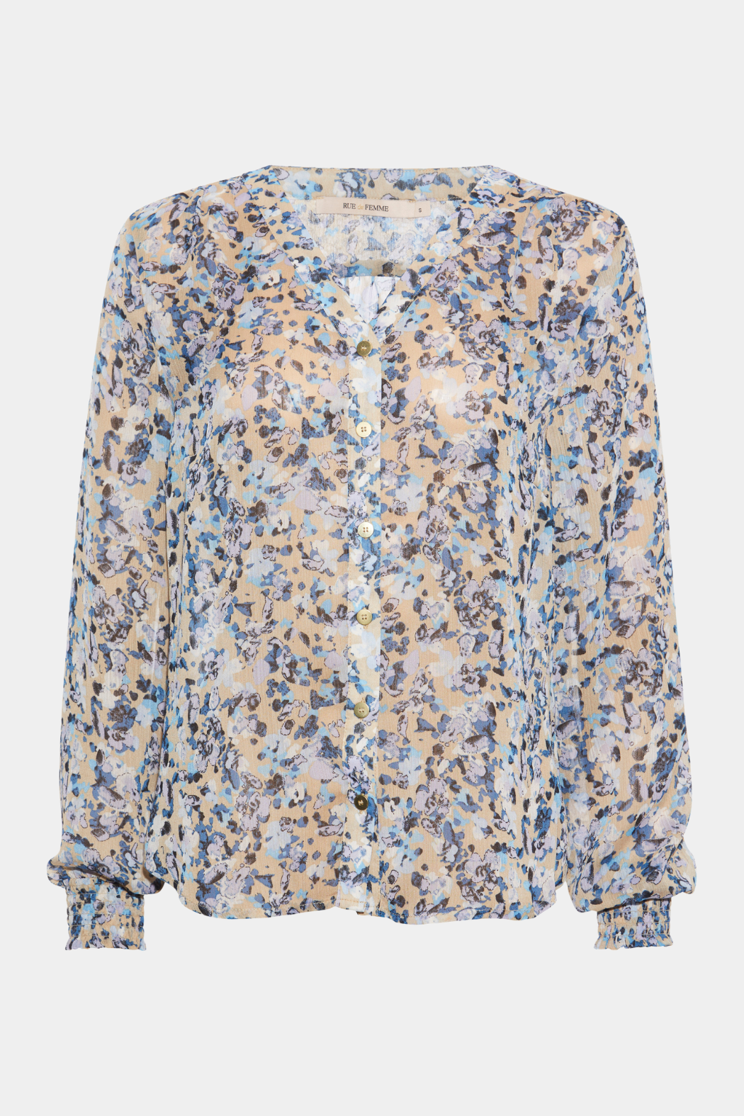 sjorte, shirt, blouse, bluse, skjortebluse, transparent, gennemsigtig, print, blå, watercolor, blomster, langærmet, let, løs, loose, smock, elastik, knapper, stolpelukning, v-hals, feminin, fin, elegant, hverdag, fest, kvinde, dame, woman