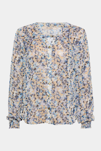 sjorte, shirt, blouse, bluse, skjortebluse, transparent, gennemsigtig, print, blå, watercolor, blomster, langærmet, let, løs, loose, smock, elastik, knapper, stolpelukning, v-hals, feminin, fin, elegant, hverdag, fest, kvinde, dame, woman