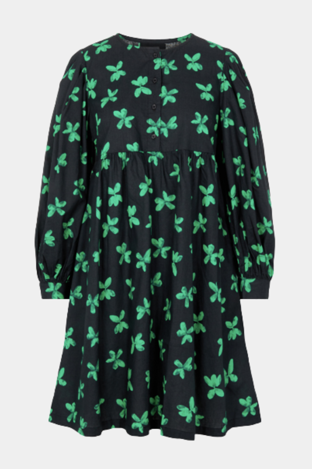 kjole, dress, midi, knælang, blød, soft, a-shape, loose, løs, skæring, langærmet, bomuld, cotton, åndbar, natur, print, sort, grøn, blomster flower, hverdag, fest, fin, elegant, woman, dame, kvinde