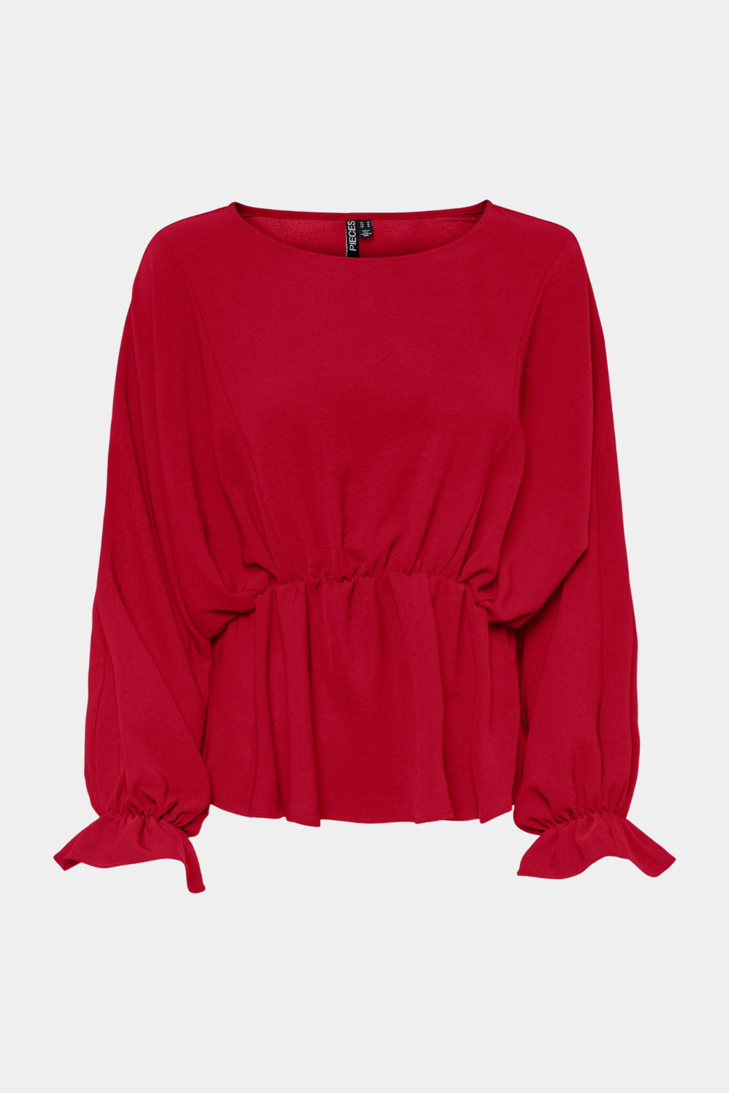 bluse, top, shirt, blouse, rød, red, postkasserød, talje, elastik, langærmet, flæse, peplum, loose, løs, elegant, fin, feminin, hverdag, fest, kvinde, dame, woman