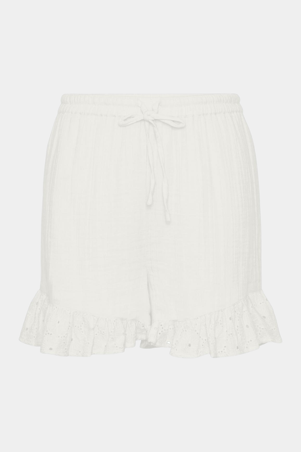 shorts, hvid, råhvid, dobbeltvævet bomuld, blestof, struktur, blød, soft, cotton, elastik, bindebånd, bånd, sløjfe, broderi, broderet, broderi anglaise, flæse, elegant, fin, feminin, hverdag, fest, sommer, summer, kvinde, dame, woman