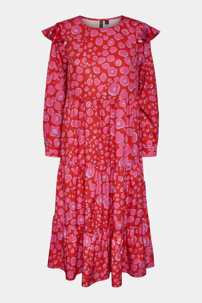 kjole, dress, midi, maxi, lang, løse, loose, flæser, langærmet, rund hals, rød, red, print, hunkøn, cras, skæring, a-shape, a-facon, elegant, fin, feminin, farverig, print, mønster, pink, blå, lyserød, fest, hverdag, kvinde, dame, woman