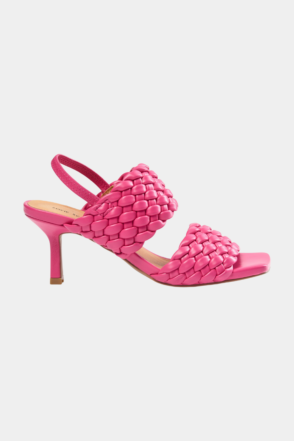 sandal, stilet, høj, elastik, sandalet, pink, neon, lyserød, skind, læder, flet, braided, hæl, chunky, firkantet, lav, elegant, fin, feminin, hverdag, fest, kvinde, dame, woman