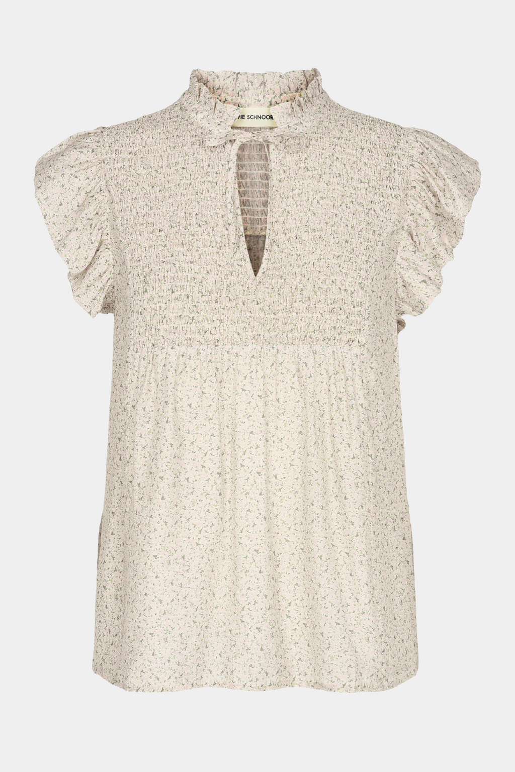 top, bluse, blouse, shirt, print, blomsterprint, beige, småblomstret, kortærmet, flæse, bindebånd, smock, let, luftig, elegant, fin, feminin, hverdag, fest, kvinde, dame, woman