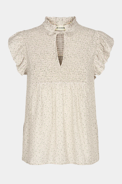 top, bluse, blouse, shirt, print, blomsterprint, beige, småblomstret, kortærmet, flæse, bindebånd, smock, let, luftig, elegant, fin, feminin, hverdag, fest, kvinde, dame, woman