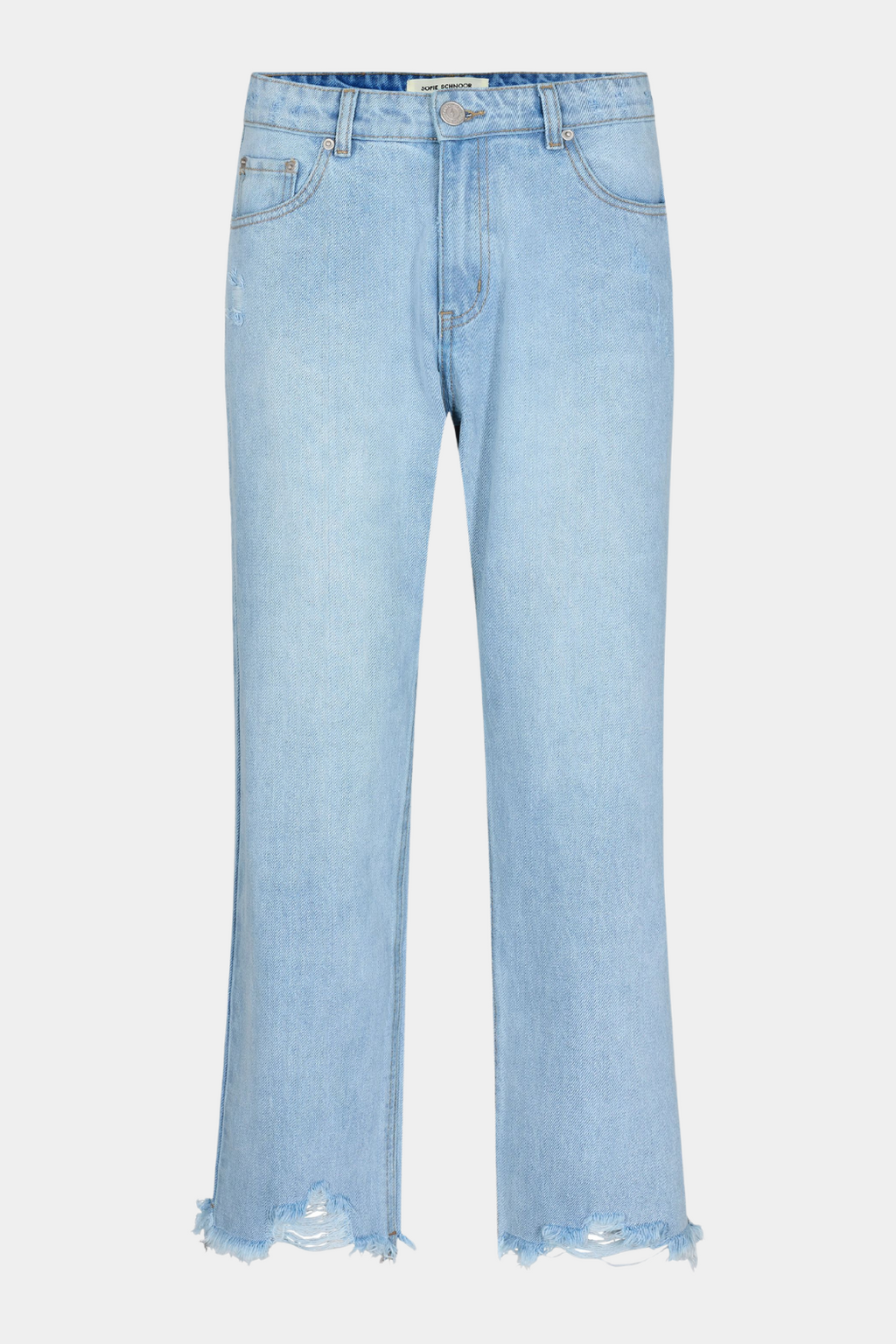 jeans, buks, pant, denim, lys, lyseblå, slid, slidt, frynder, huller, raw, højtaljet, basic, basis, classic, elegant, feminin, rå, cool, kvinde, dame, woman