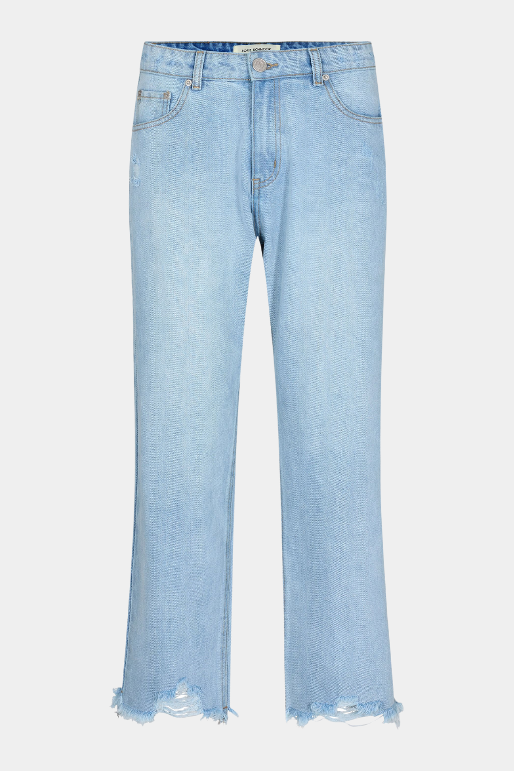 jeans, buks, pant, denim, lys, lyseblå, slid, slidt, frynder, huller, raw, højtaljet, basic, basis, classic, elegant, feminin, rå, cool, kvinde, dame, woman