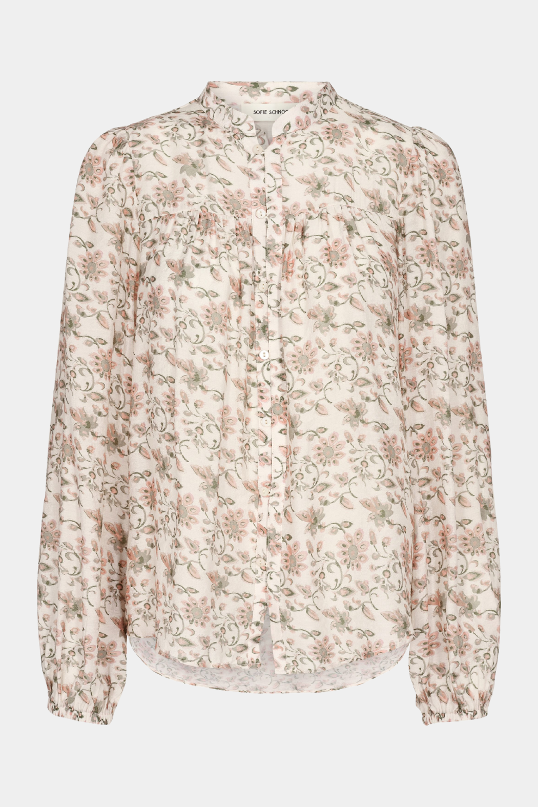 skjorte, bluse, shirt, blouse, print, blomsterprint, boheme, lys, light, elegant, feminin, langærmet, stoleplukning, knapper, elastik, let, luftig, hverdag, fest, feminin, kvinde, dame, woman