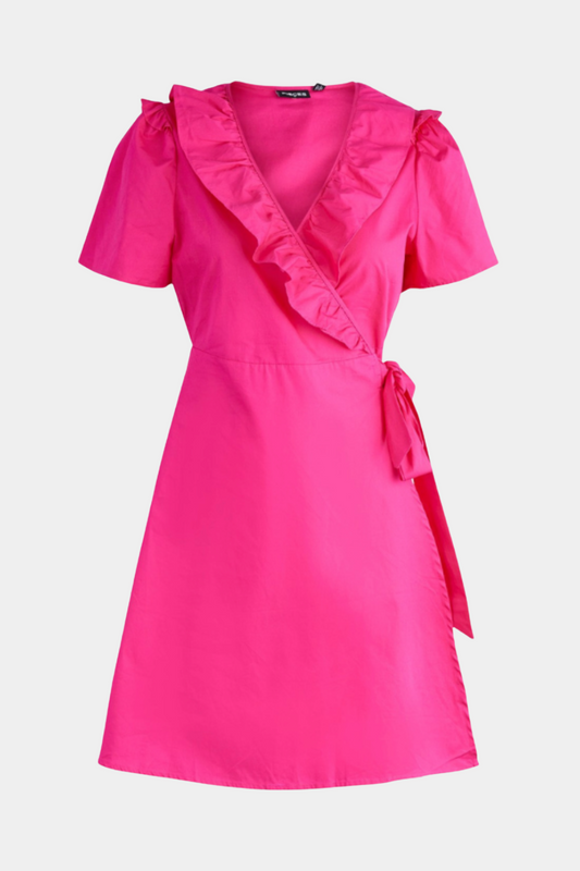 Kjole, dress, wrap, slåom, flæse, flæser, pink, fuchsia, neon, bomuld, let, åndbar, luftig, farverig, vild, fin, smuk, elegant, klassisk, feminin, cool, rå, sej, unik, musthave, skøn, hverdag, fest, sommer sol, strand, sommerfest, 