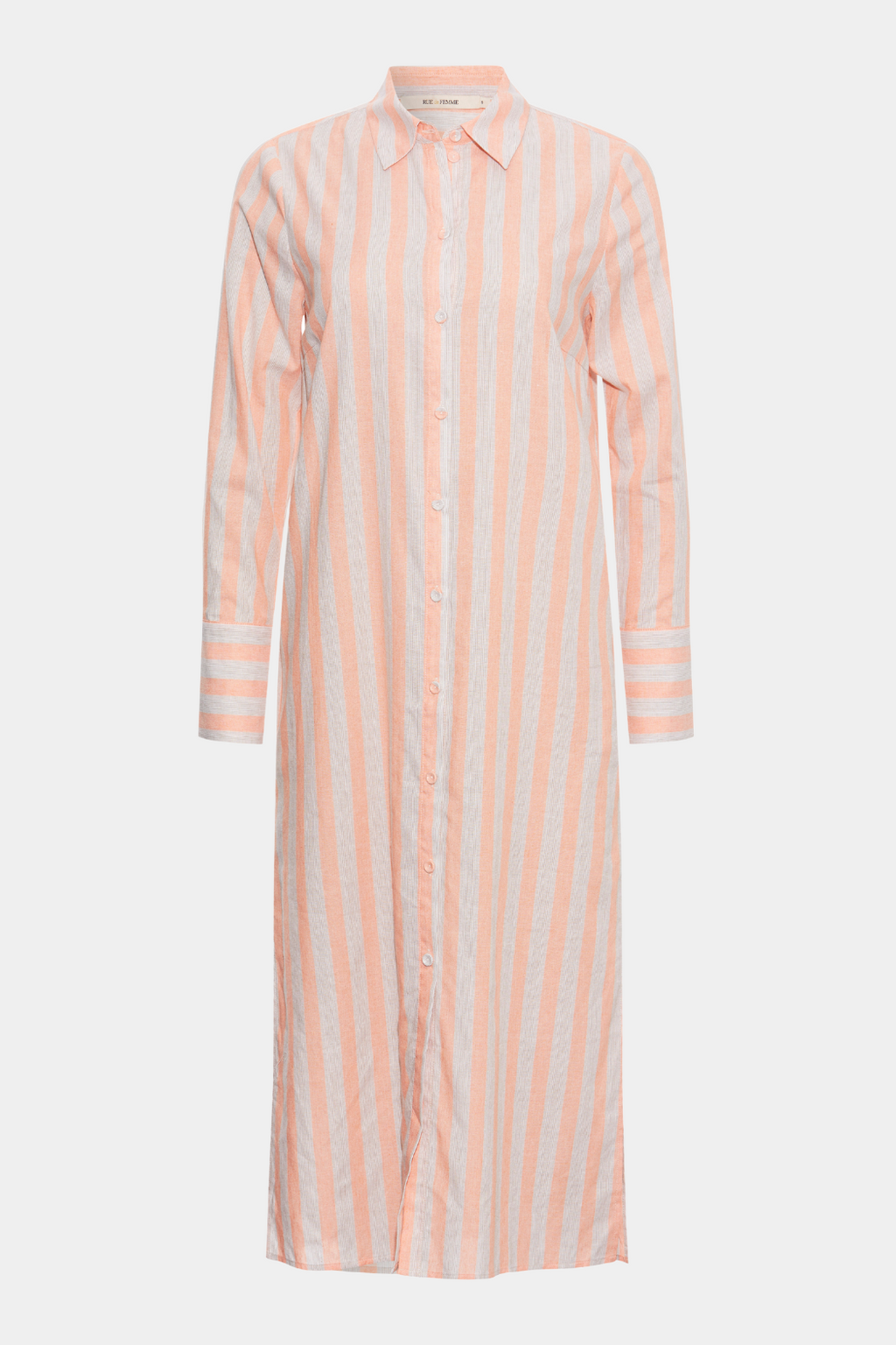 kjole, dress, skjortekjole, shirt dress, krave, stolpelukning, knaplukning, langærmet, natkjole, stribet, striber, stripe, koral, fersken, beige, grå, grey, sommer, sommerkjole, elegant, fin, feminin, hverdag, fest, blød, soft, bomuld, cotton, let, luftig, kvinde, dame, woman, basic, basis