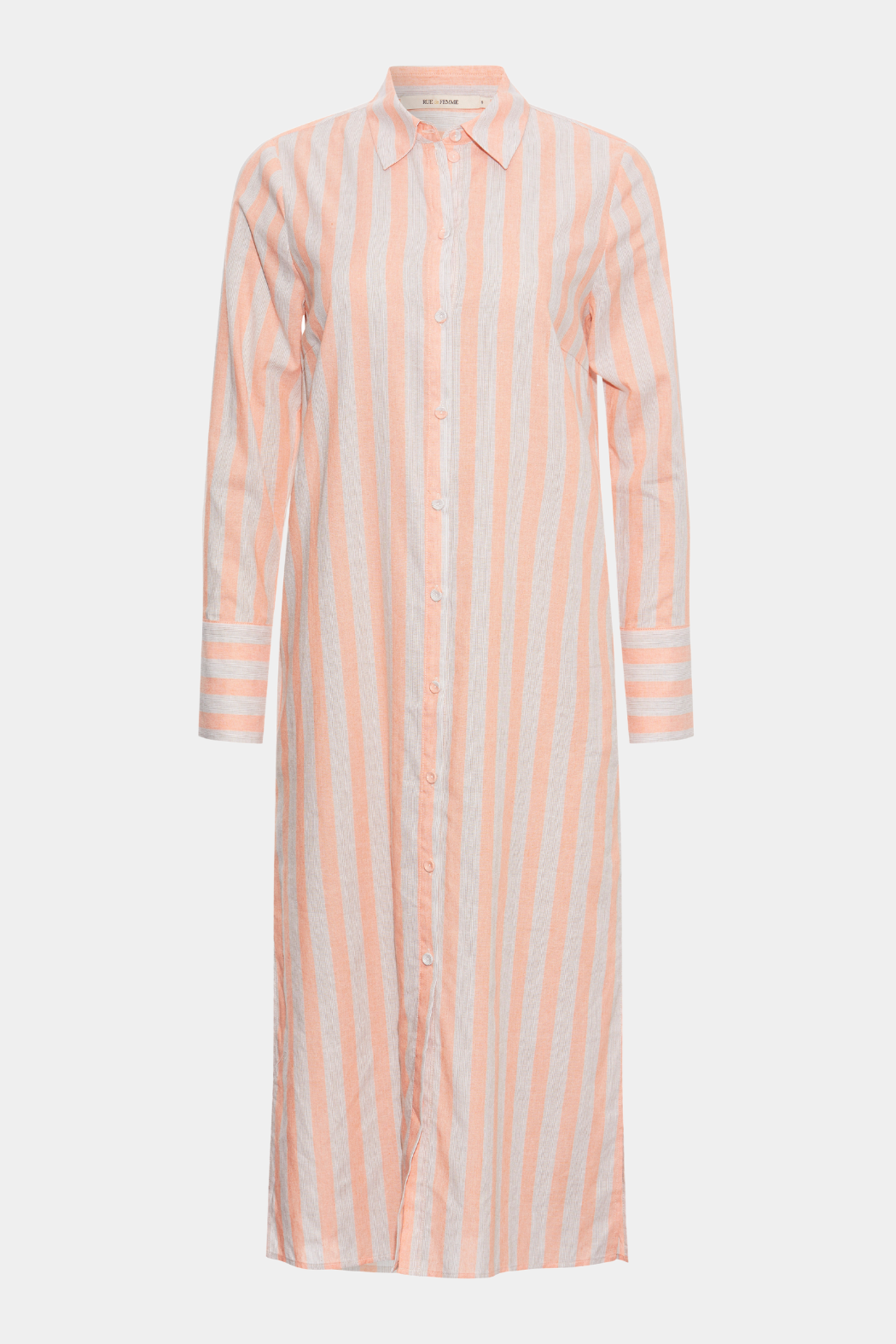 kjole, dress, skjortekjole, shirt dress, krave, stolpelukning, knaplukning, langærmet, natkjole, stribet, striber, stripe, koral, fersken, beige, grå, grey, sommer, sommerkjole, elegant, fin, feminin, hverdag, fest, blød, soft, bomuld, cotton, let, luftig, kvinde, dame, woman, basic, basis