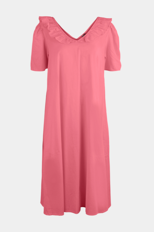 kjole, dress, midi, mididress, mellem, lang, maxi, maxikjole, bomuld, let, luftig, pink, blød, fin, smuk, elegant, klassisk, feminin, rå, cool, sej, hverdag, fest, sommer, sol, strand, strandkjole, flæser