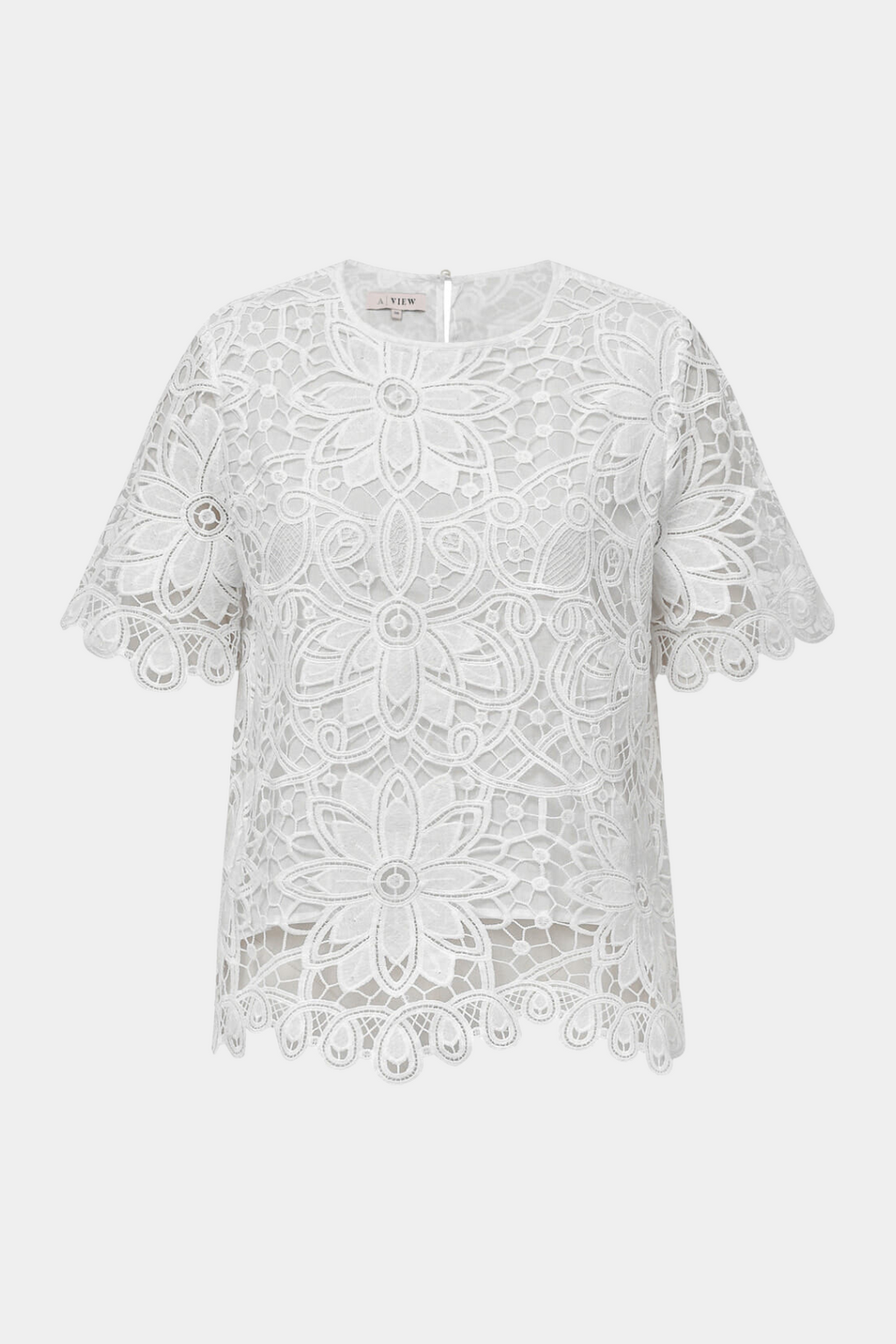 bluse, top, t-shirt, tshirt, kortærmet, ss, rund hals, grov blonde, blonde, lace, hvid, white, flower, blomster, foret, løs, loose, elegant, fin, feminin, hverdag, fest, kvinde, dame, woman