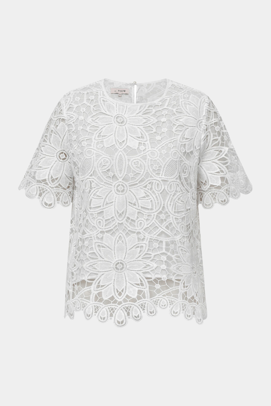 bluse, top, t-shirt, tshirt, kortærmet, ss, rund hals, grov blonde, blonde, lace, hvid, white, flower, blomster, foret, løs, loose, elegant, fin, feminin, hverdag, fest, kvinde, dame, woman