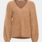 strik, knit, trøje, bluse, pullover, striktrøje, strikbluse, v-hals, camel, brun, brown, beige, ballon, langærmet, blød, ulden, soft, langhåret, alpaca, uld, wool, warm, kradsefri, hverdag, fin, elegant, cool, rå, kvinde, dame, woman