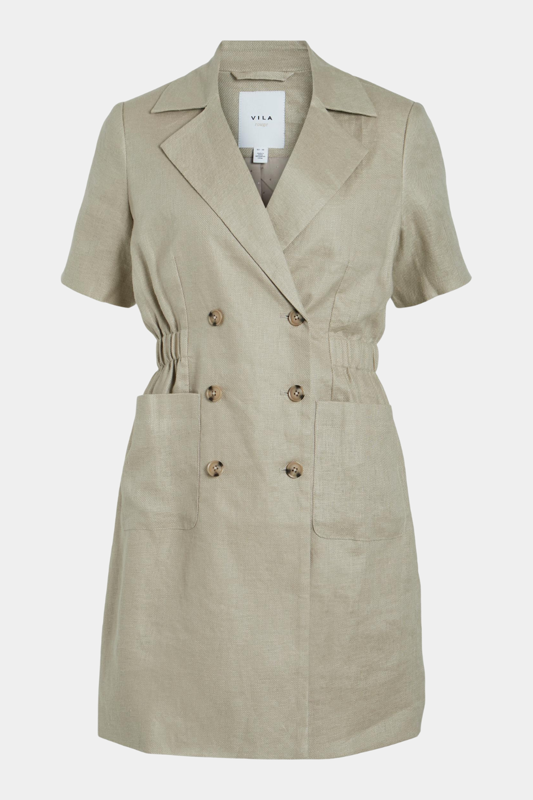 kjole, dress, hør, linen, blazer, kortærmet, ss, lommer, dobbeltradet, beige, brun, natur, basic, basis, elegant, fin, feminin, luftig, let, kvinde, dame, woman