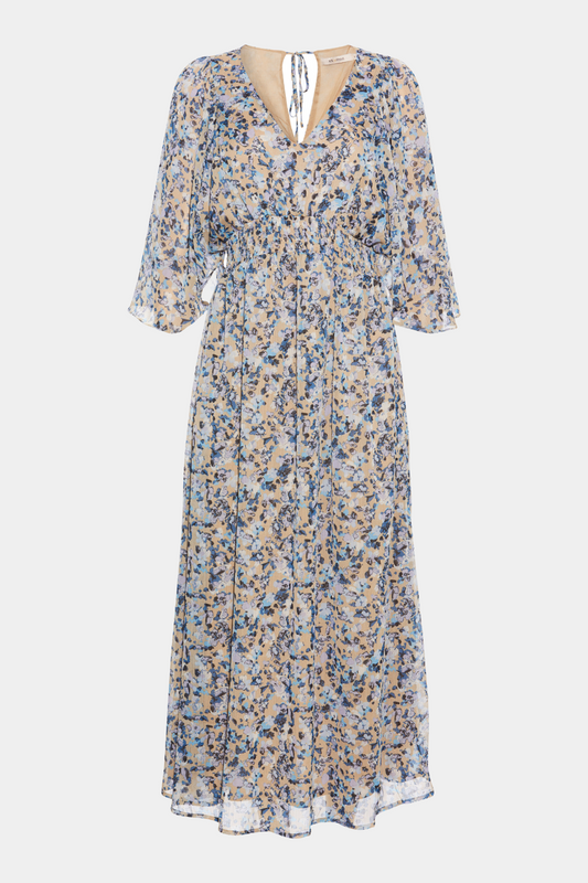 kjole, dress, maxi, maxikjole, print, blå, blue, blomster, watercolor, beige, sommerkjole, kortærmet, kimono, v-hals, vidde, løs, loose, elastik, talje, waist, lang, long, transparent, gennemsigtig, let, elegant, fin, feminin, fest, festkjole, kvinde, dame, woman